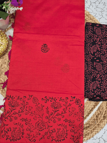 Crimson Red & Black Floral Border Saree