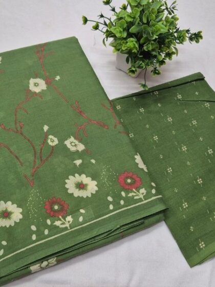 Leaf Green Floral Pure Cotton Saree with Blouse
