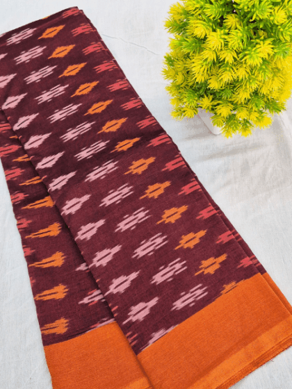 Brown Pure Handloom Pochampally Ikat Cotton Saree
