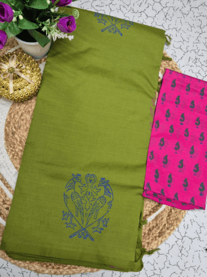 Parrot Green Saree with Bright Pink Blouse