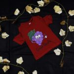 Kids Maroon Cotton Knit T-shirt with Glitter Floral Motif Print