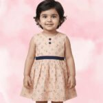 Light Pink Rayon Printed Frock with Sleeveless Pleated Neck