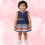 Navy Blue Pure Cotton Frock with Printed Yoke and Ruffle Sleeves