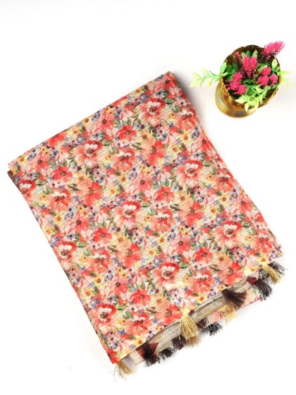 Red Jute Silk Saree with All-Over Tiny Floral Print