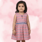 Pink & Grey Striped Rayon Frock with Contrast Blue Waistband