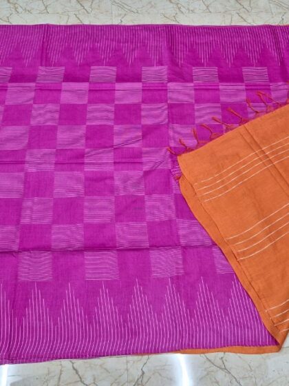 Pink & Orange Semi Tussar Saree with Woven Check Design