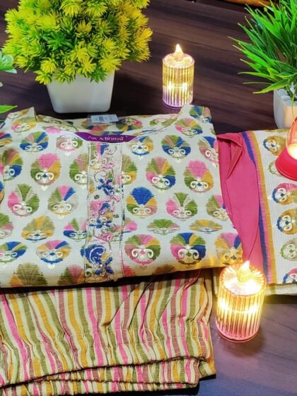 Multi-Color Floral Pattern Round Neck Cotton Kurti Set