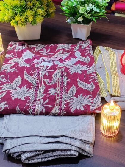 Rose-Toned Block-Print V-Neck Cotton Kurta