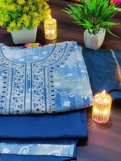 Sky Blue Abstract Pattern Split-Neck Cotton Kurti Set