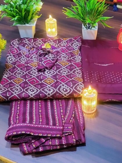 Round Neck Tie- Cotton Suit Set in Deep Purple