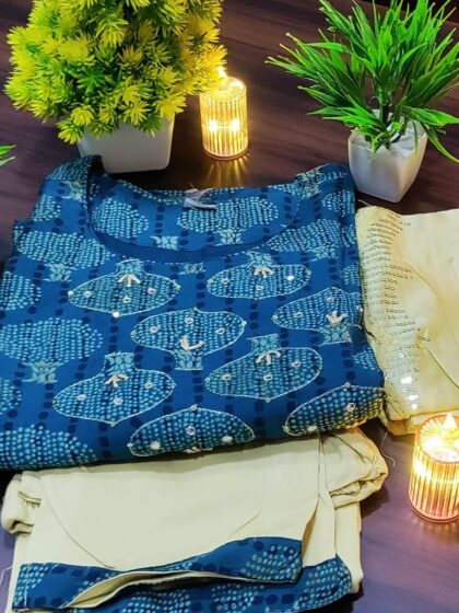 Navy Blue Cotton Split-Neck Kurta Ensemble