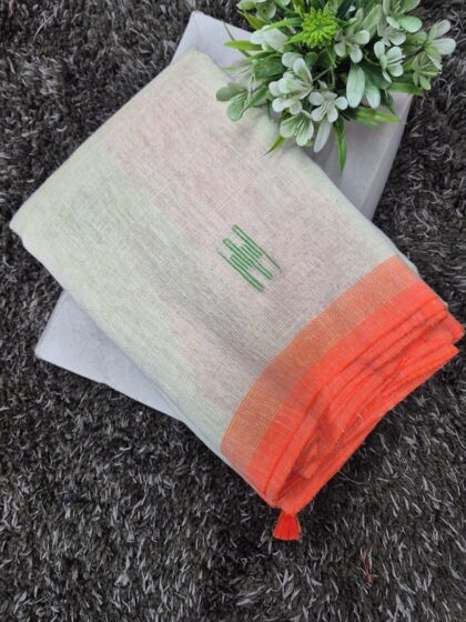 Off-White Khadi Tissue Saree with Orange Contrast Border