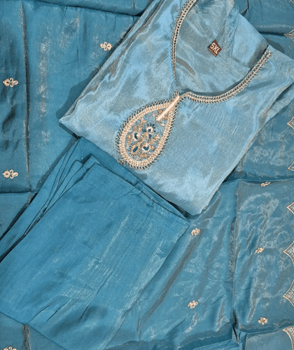 Sky Blue Soft Silk Kurti Set with Gold Brocade Patch Work