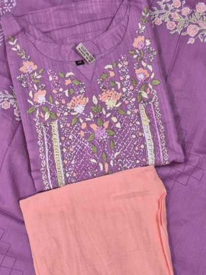 Lilac Glory V-Neck Kurti Set with Peach Bottom