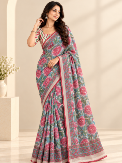 Blue Georgette Saree with Lace Border and Blouse -1