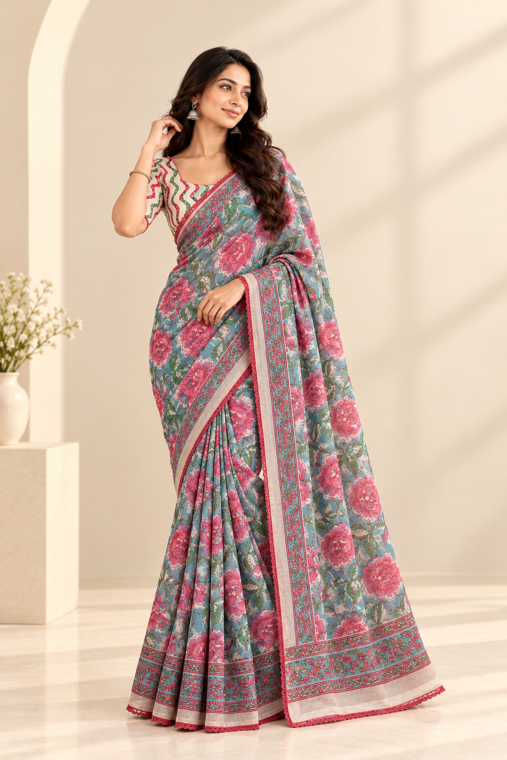 Blue Georgette Saree with Lace Border and Blouse -1