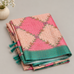 Pink & Teal Printed Linen Saree