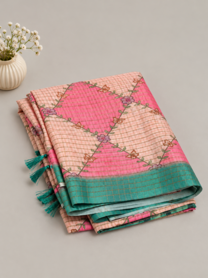 Pink & Teal Printed Linen Saree