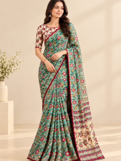 Blue and Red Georgette Saree with Blouse - 1