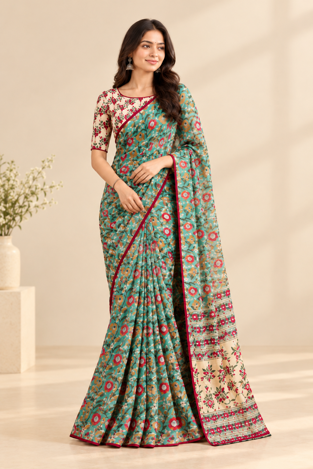 Blue and Red Georgette Saree with Blouse - 1