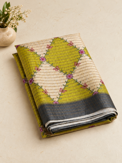 Olive Green & Charcoal Linen Saree